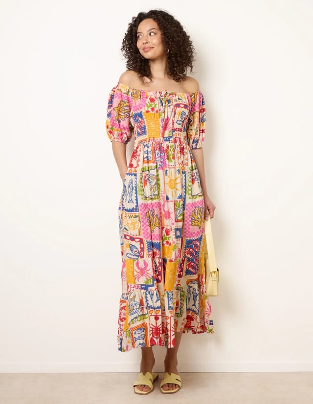 Blue Vanilla Postcard Tie Front Bardot Shirred Midi Dress - 3