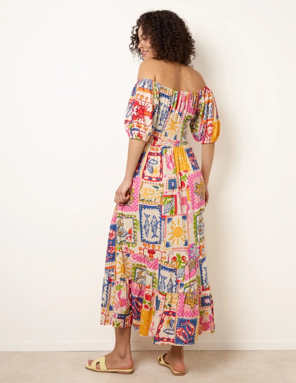 Blue Vanilla Postcard Tie Front Bardot Shirred Midi Dress - 4