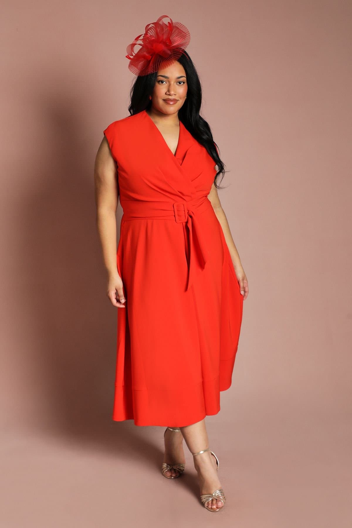 Coast Coast Women's Plus Belted Crepe Midi Dress in Flame Red