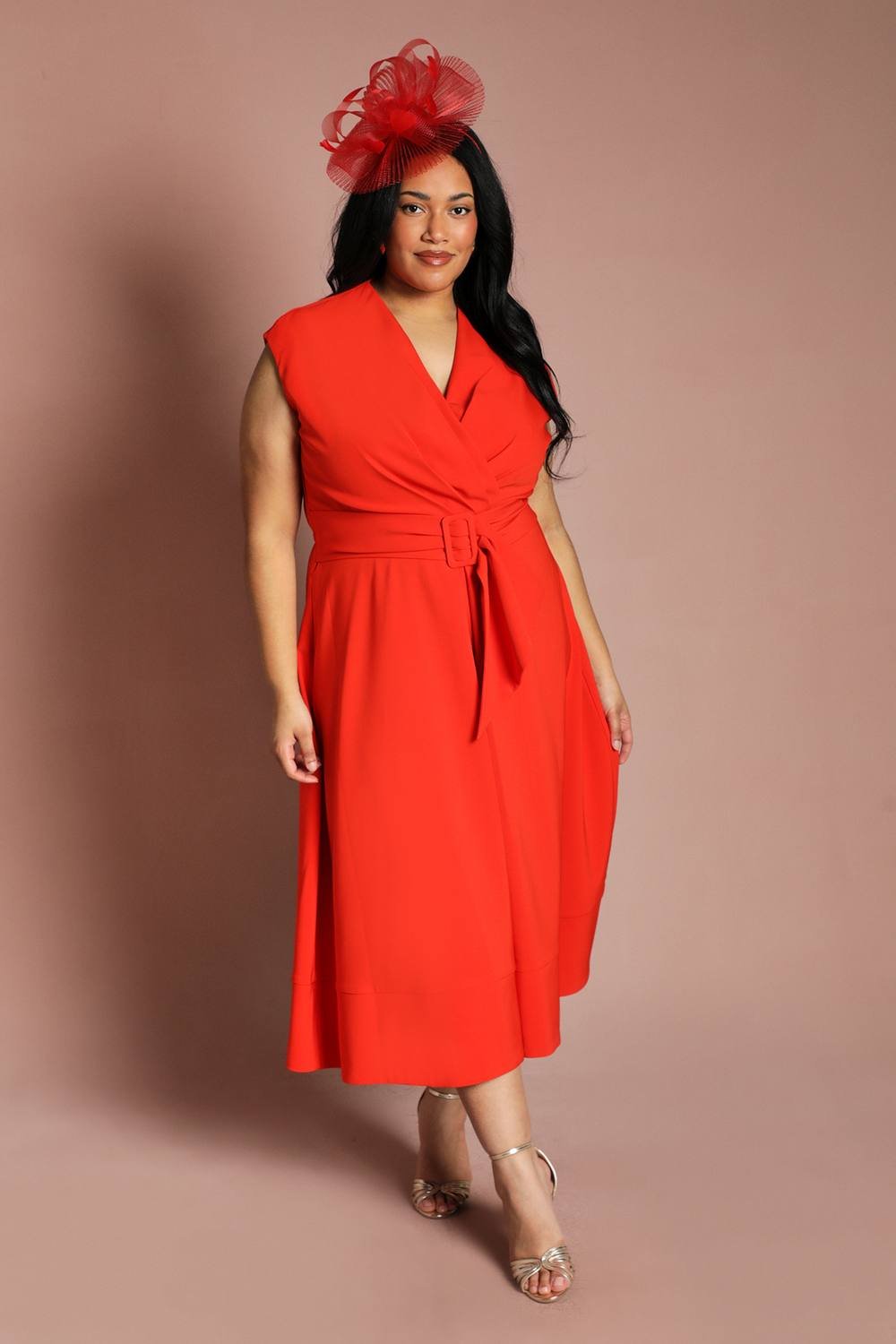 Coast Coast Women's Plus Belted Crepe Midi Dress in Flame Red - 2