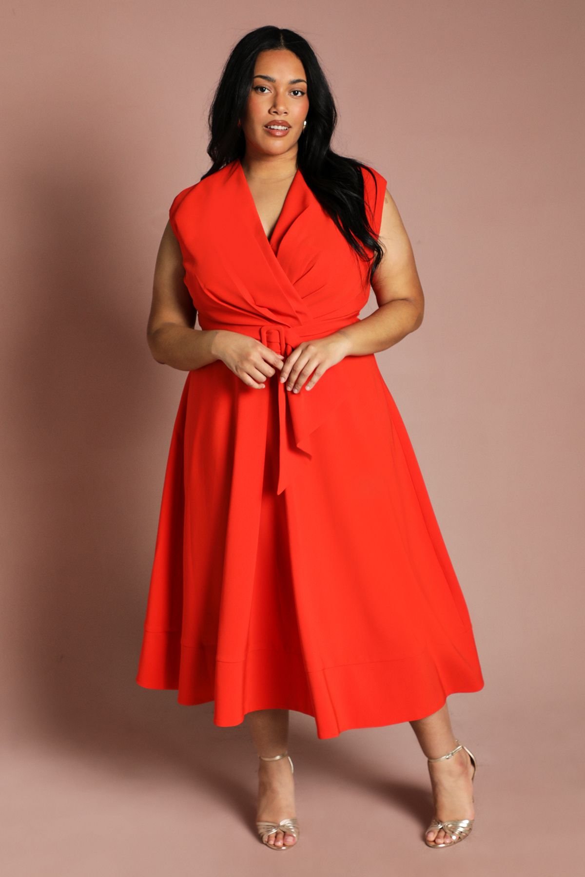 Coast Coast Women's Plus Belted Crepe Midi Dress in Flame Red - 4