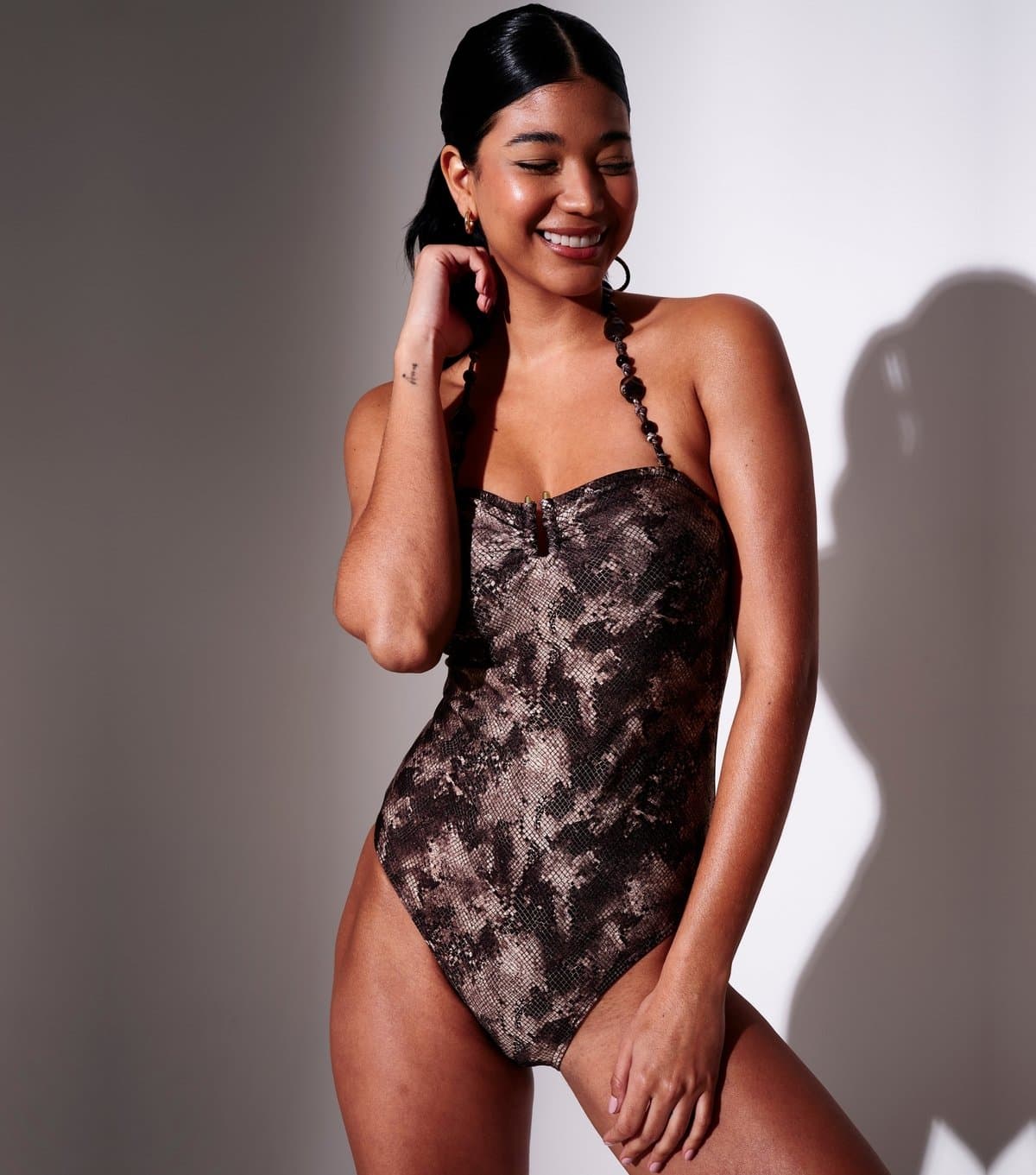 South Beach Women's Brown Snake Print Beaded Halterneck Swimsuit South Beach New Look