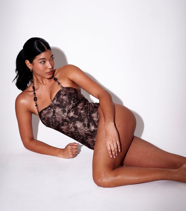 South Beach Women's Brown Snake Print Beaded Halterneck Swimsuit South Beach New Look - 3