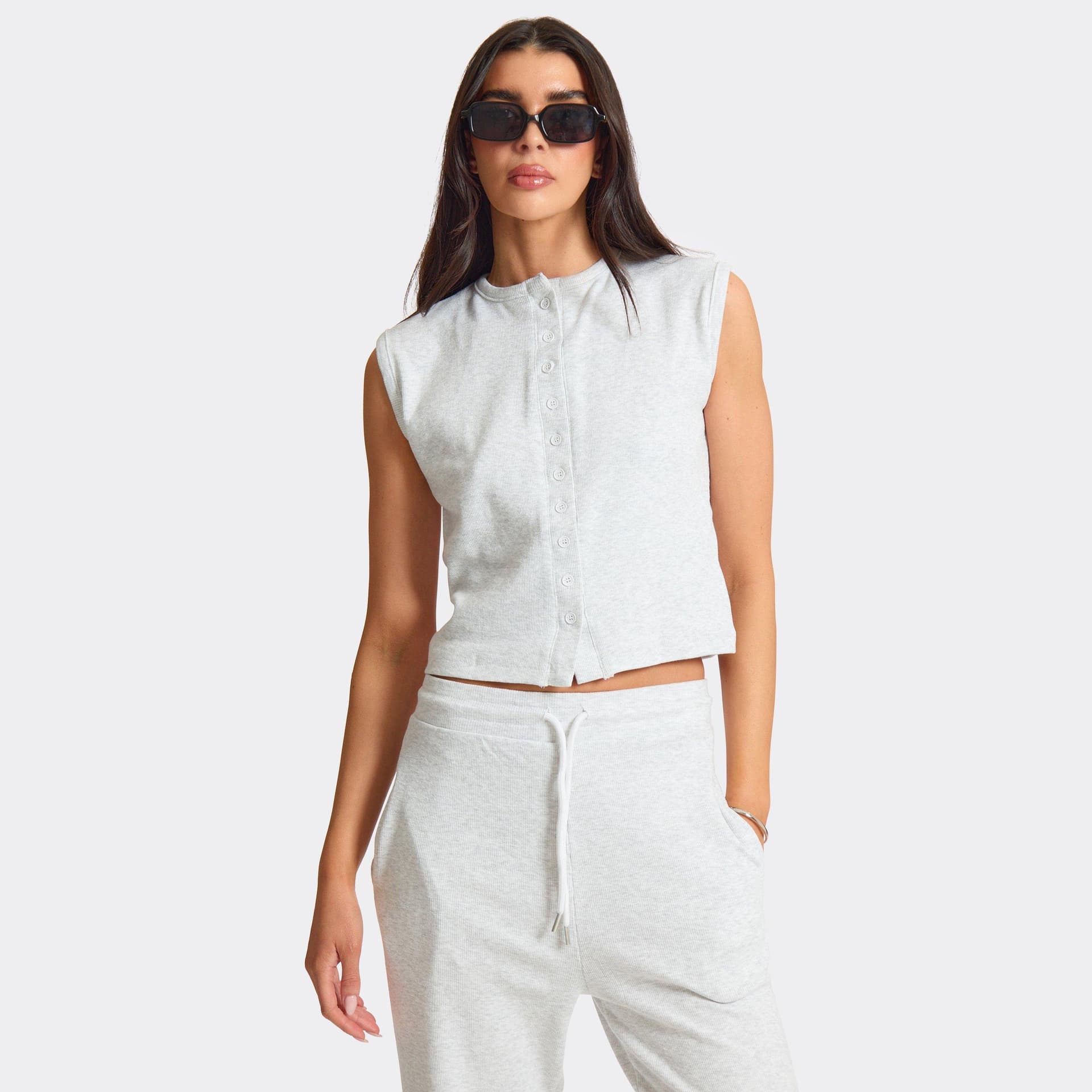 EGO Button Up Front Sleeveless Top In Light Grey Marl Ribbed, Women's Size UK L