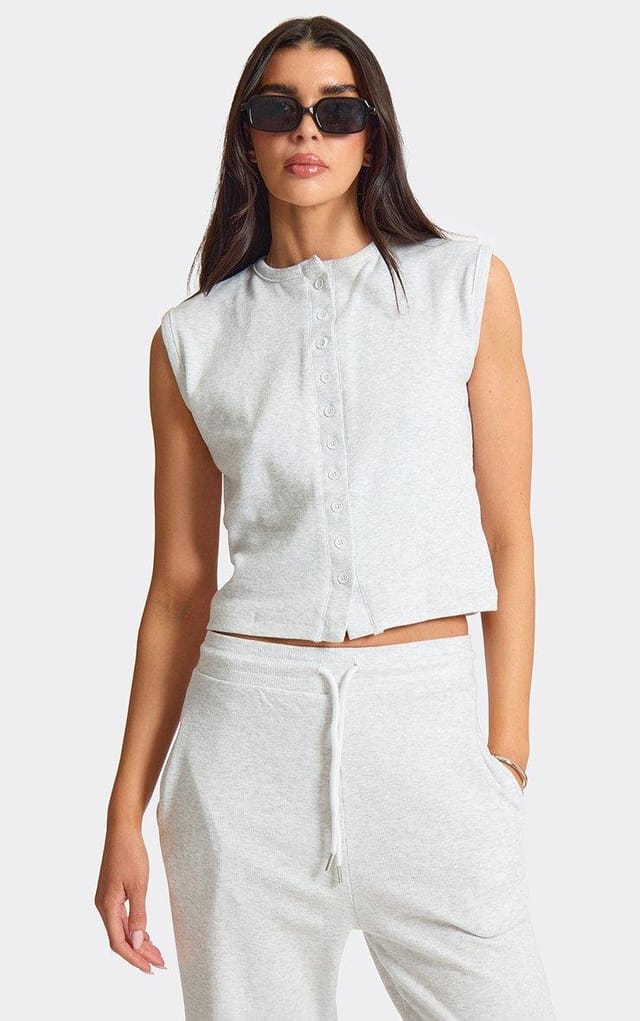 EGO Button Up Front Sleeveless Top In Light Grey Marl Ribbed, Women's Size UK L - 2