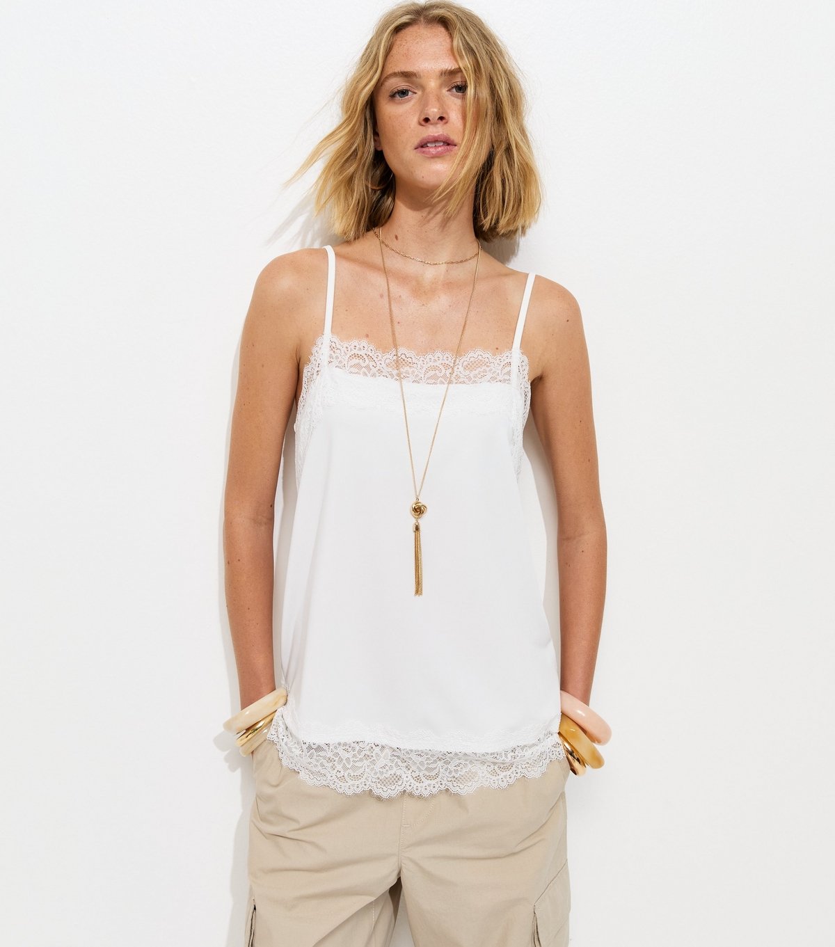 New Look Women's Off White Longline Lace Trim Cami Top New Look - 3