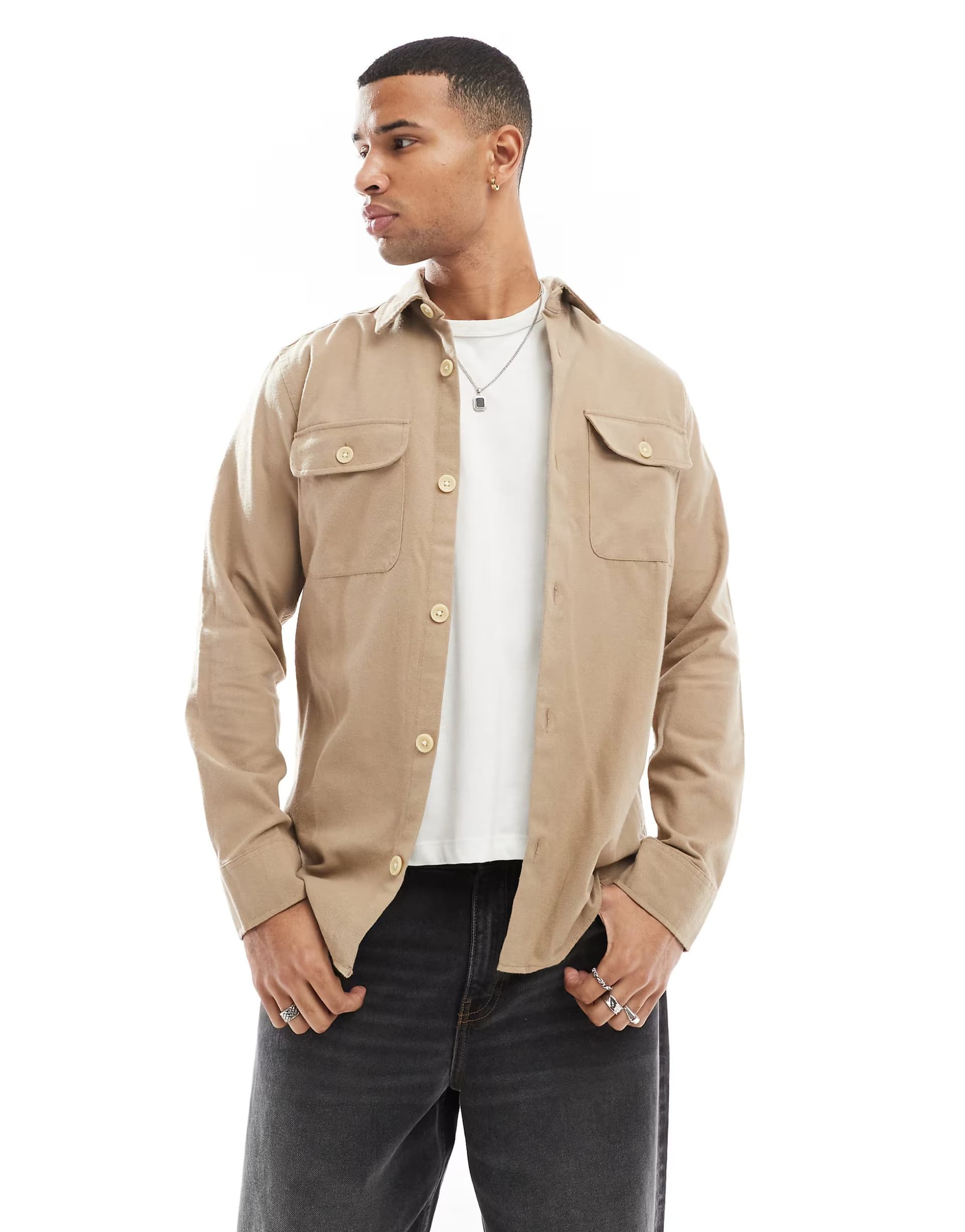 ASOS Jack & Jones flannel overshirt in beige