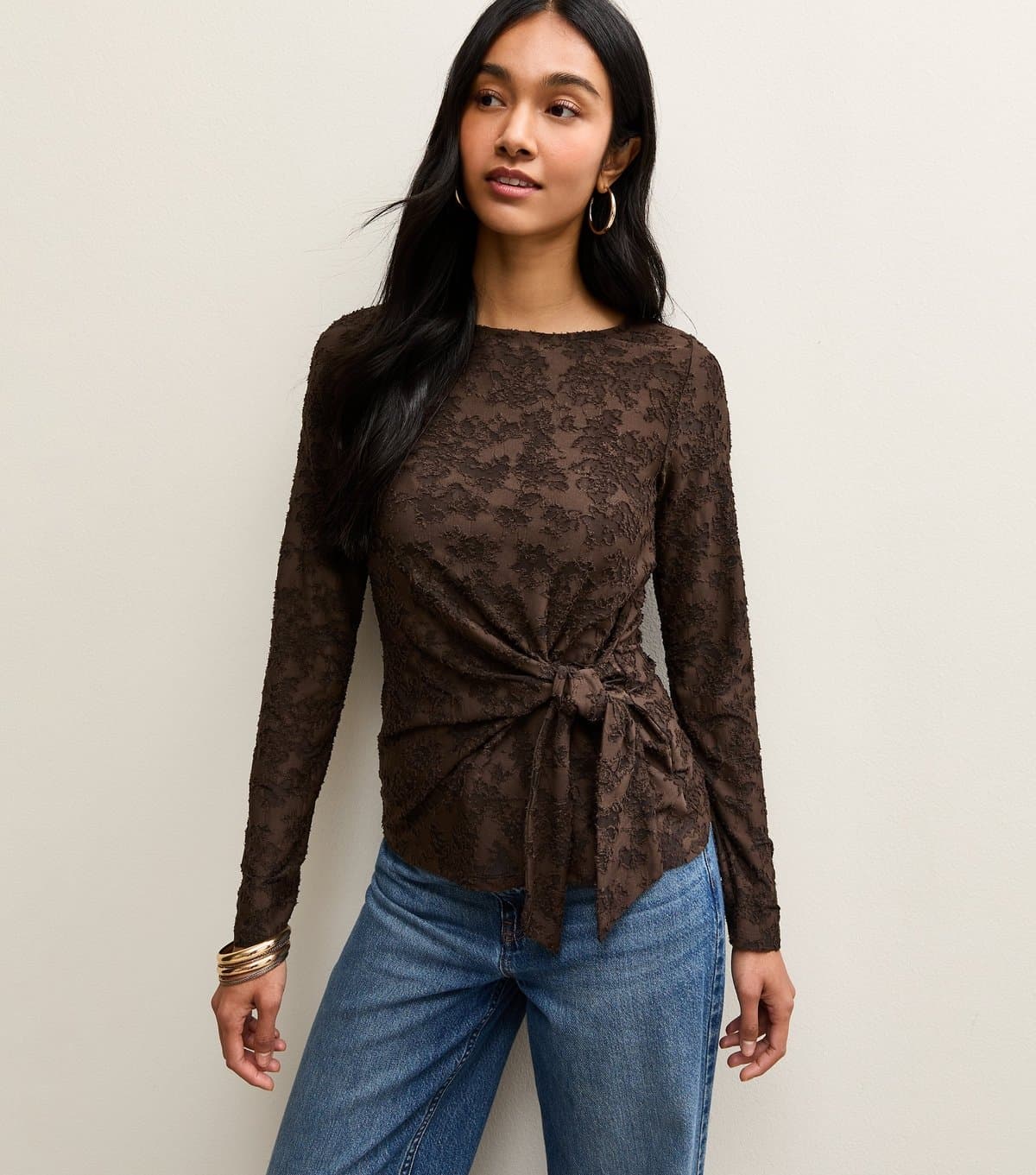 New Look Women's Dark Brown Jersey Floral Burnout Knot Long Sleeve Top New Look