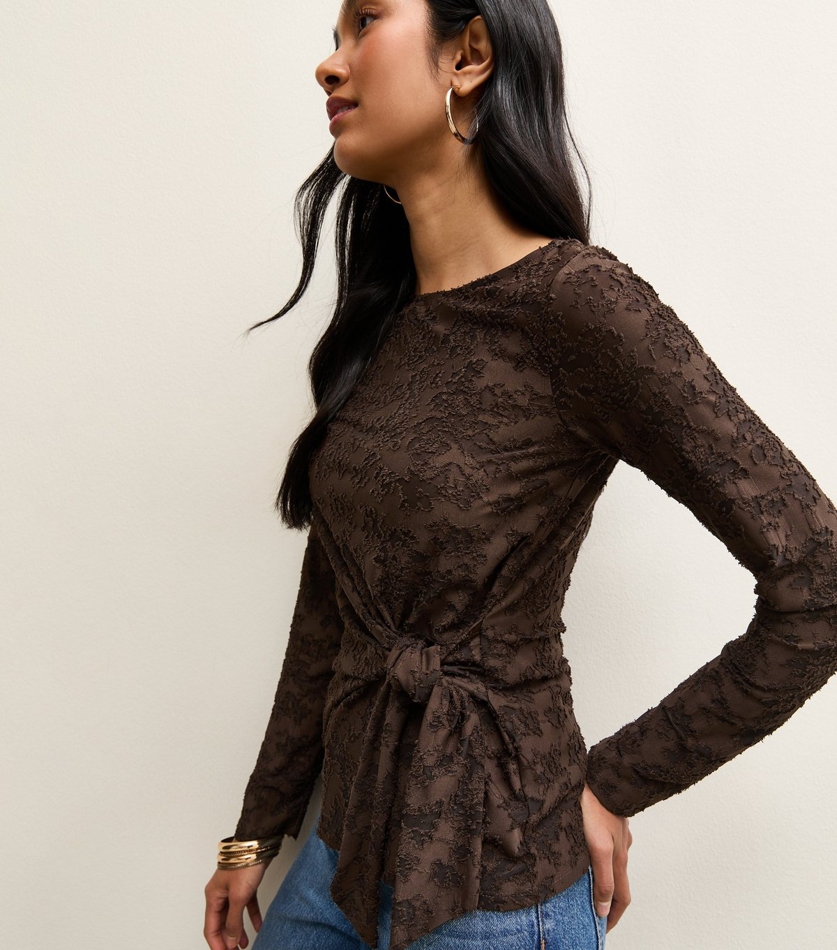 New Look Women's Dark Brown Jersey Floral Burnout Knot Long Sleeve Top New Look - 2