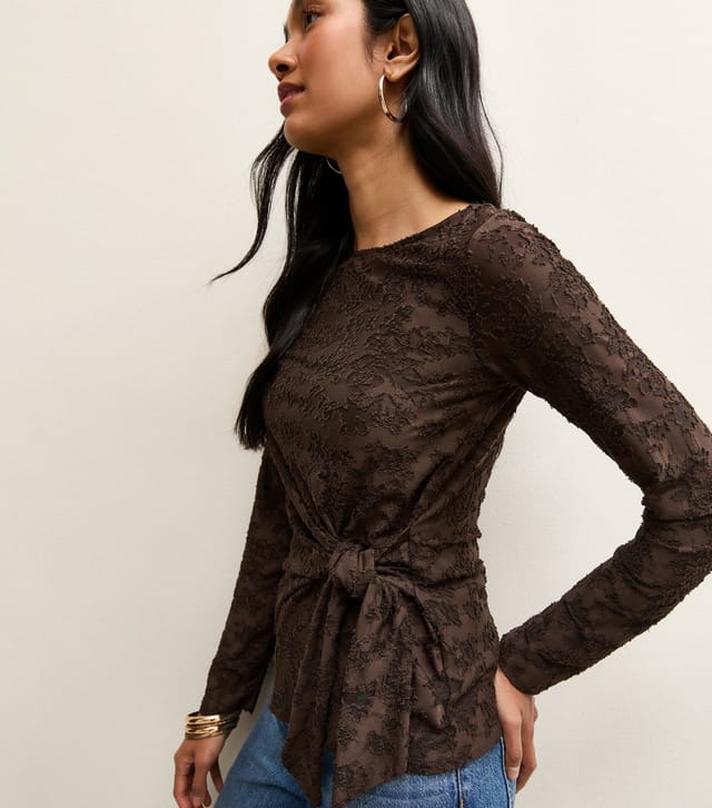New Look Women's Dark Brown Jersey Floral Burnout Knot Long Sleeve Top New Look - 2