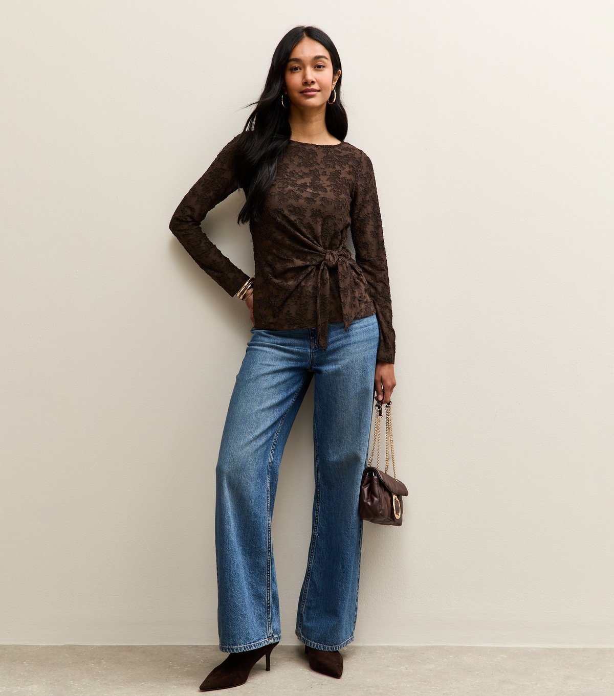 New Look Women's Dark Brown Jersey Floral Burnout Knot Long Sleeve Top New Look - 3