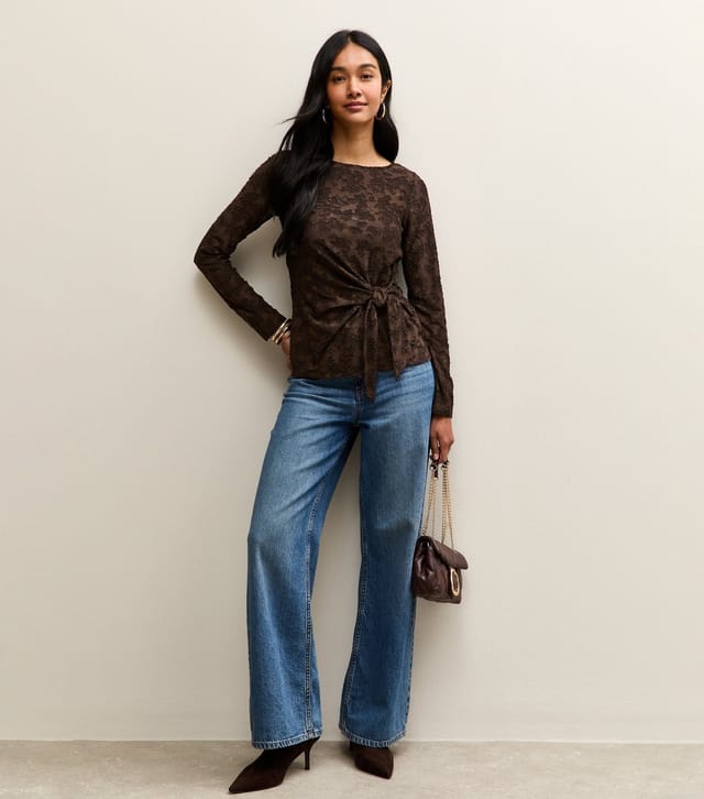 New Look Women's Dark Brown Jersey Floral Burnout Knot Long Sleeve Top New Look - 3