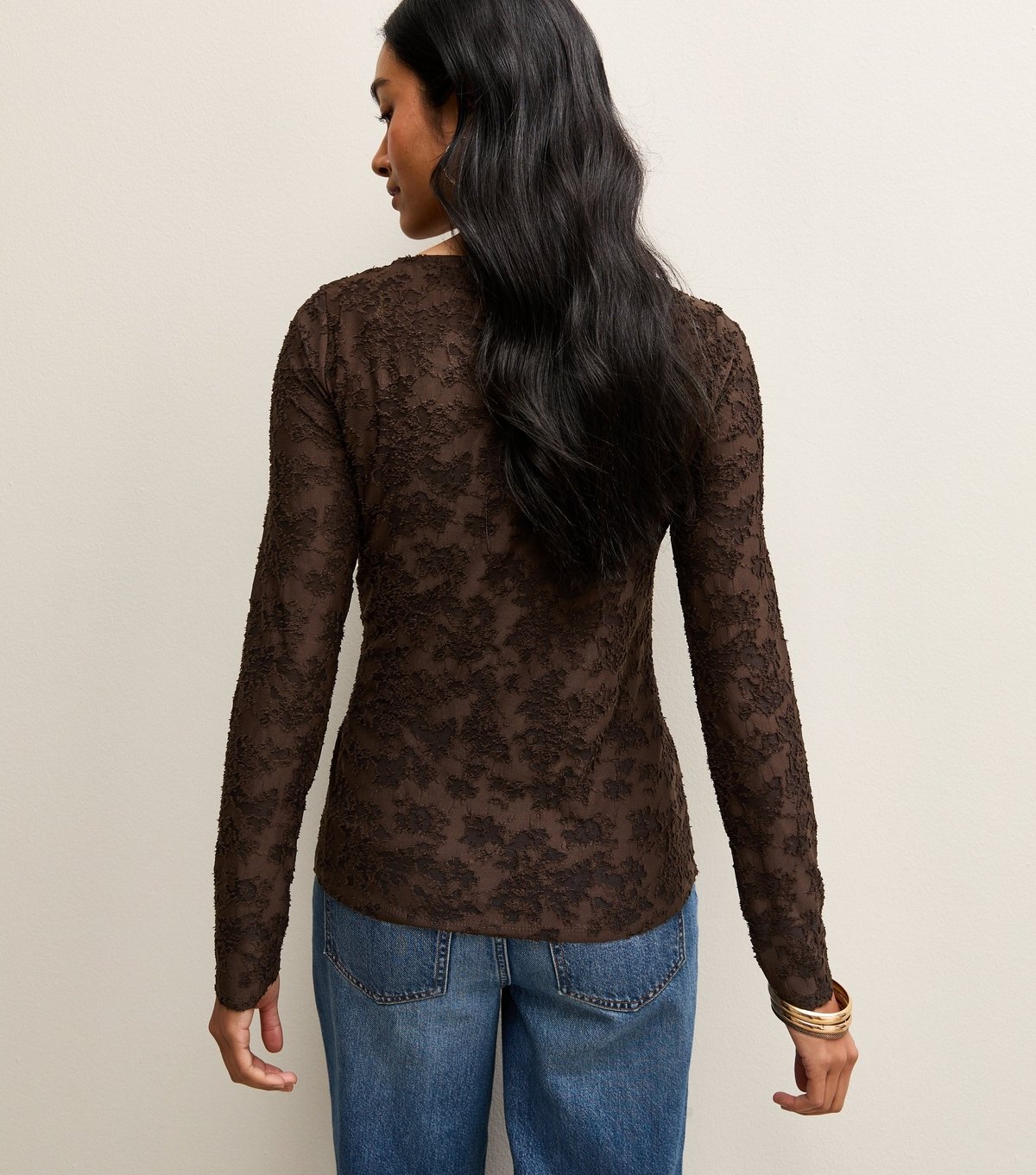 New Look Women's Dark Brown Jersey Floral Burnout Knot Long Sleeve Top New Look - 4