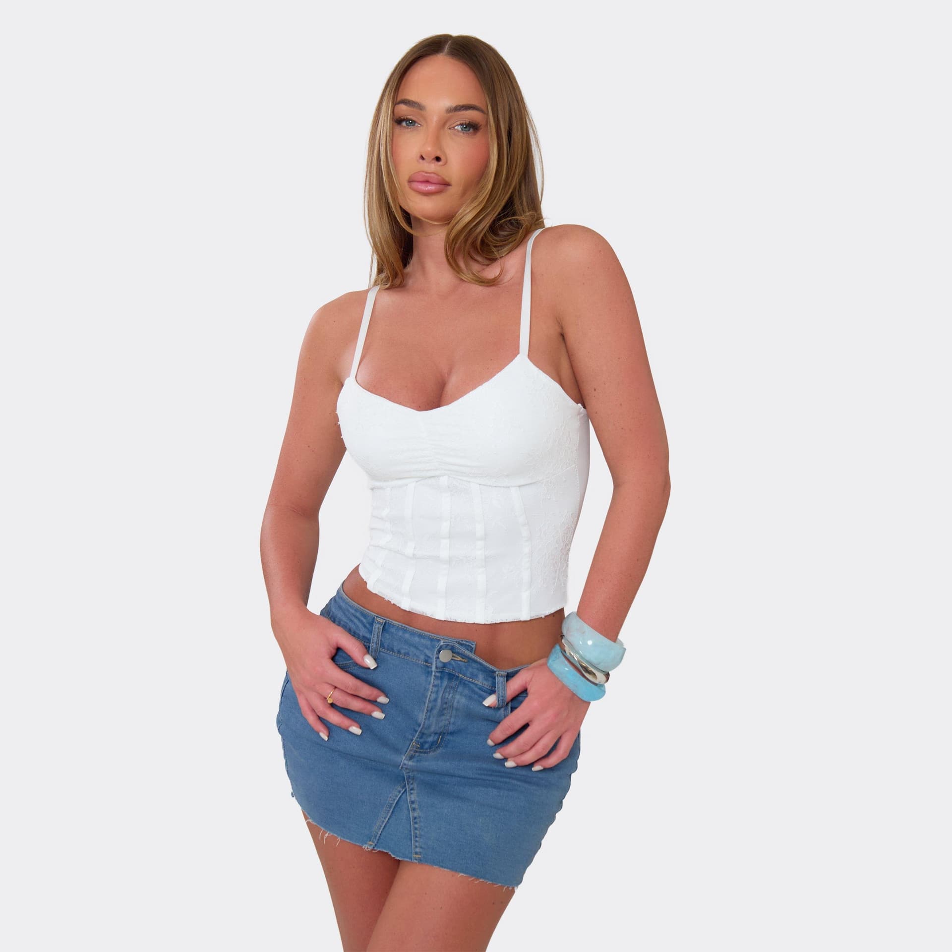 EGO Strappy Ruched Detail Corset Top In White Lace, Women's Size UK L