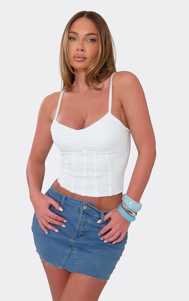EGO Strappy Ruched Detail Corset Top In White Lace, Women's Size UK L - 2