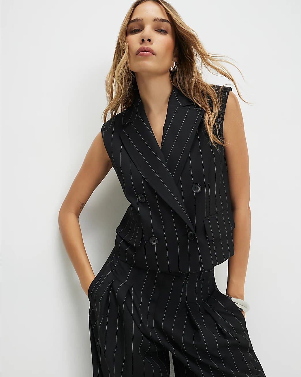 River Island River Island Womens Black Boxy Fit Pinstripe Waistcoat