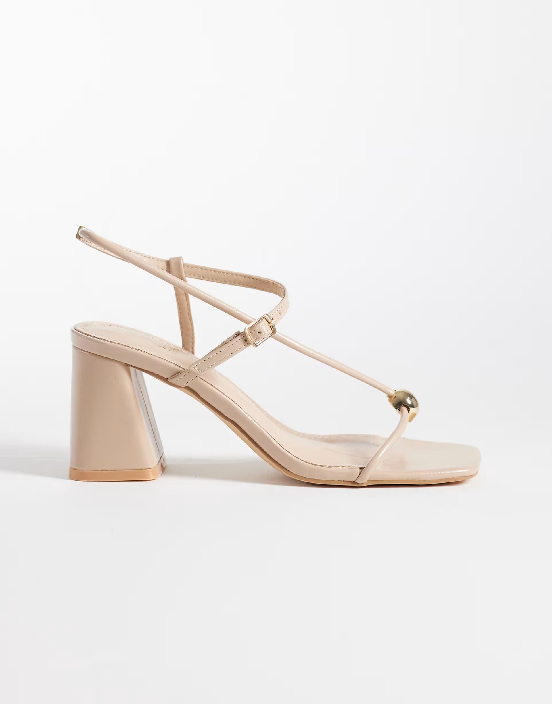 ASOS Glamorous Wide Fit block heeled sandals with metal detail in beige