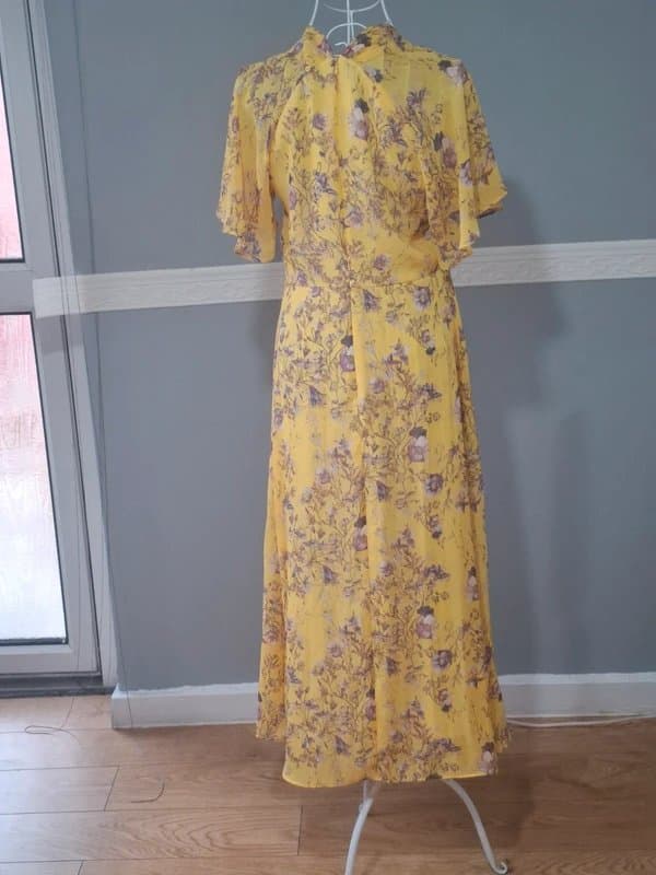 LapisAndLiliies Lapis & Lillies Yellow Floral Maxi Dress | UK 8 | Twist Neck Cut‑Out Detail
