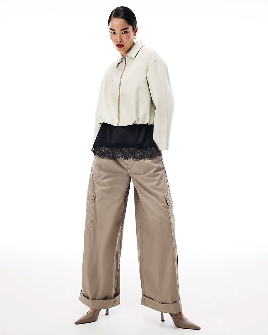 River Island River Island Womens Cream Faux Leather Bubble Hem Bomber Jacket