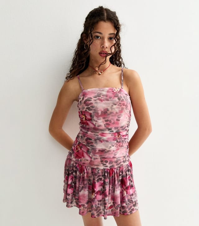 New Look Girls' Brown Animal Floral Print Mesh Mini Dress New Look - 2