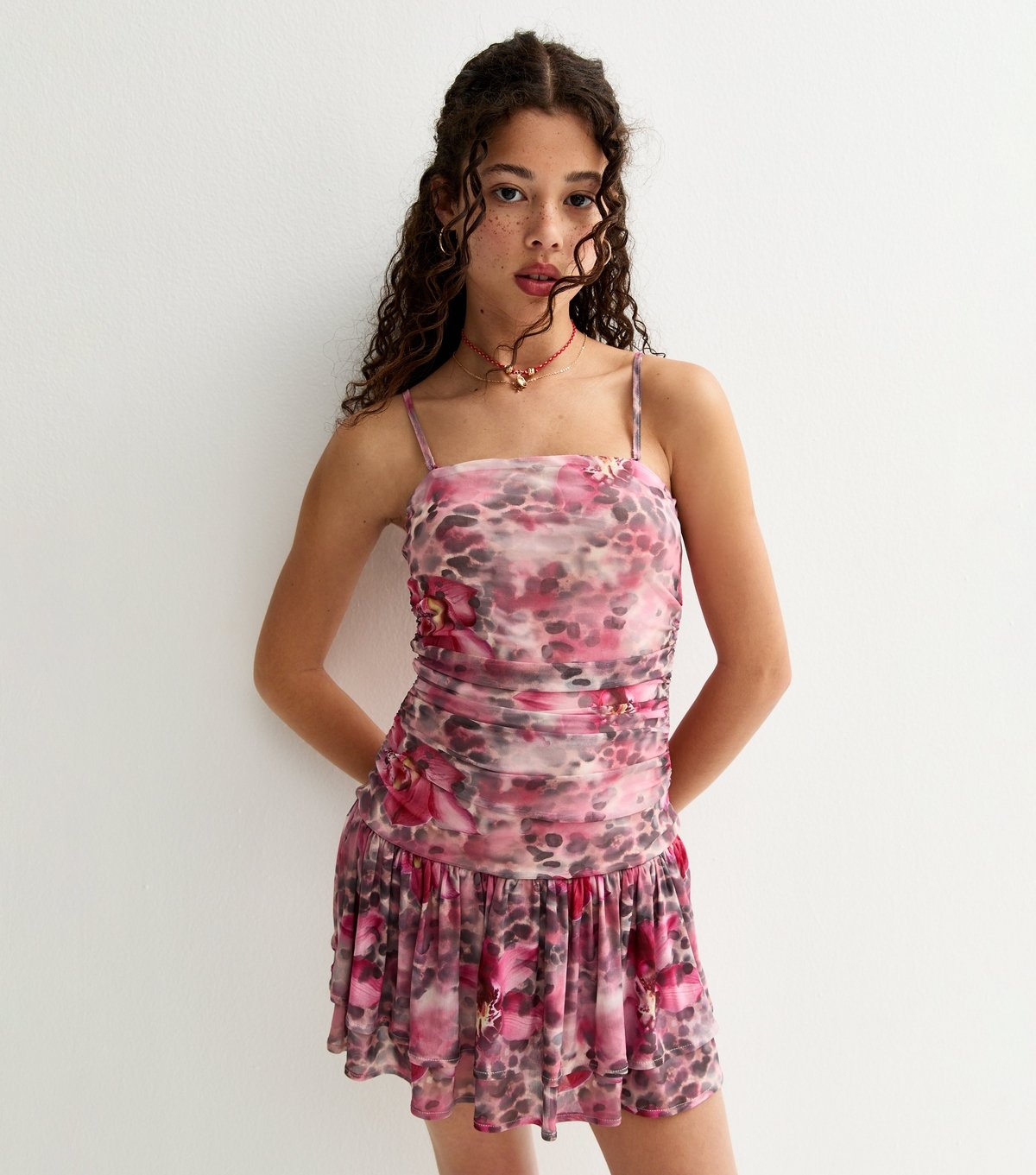 New Look Girls' Brown Animal Floral Print Mesh Mini Dress New Look - 3