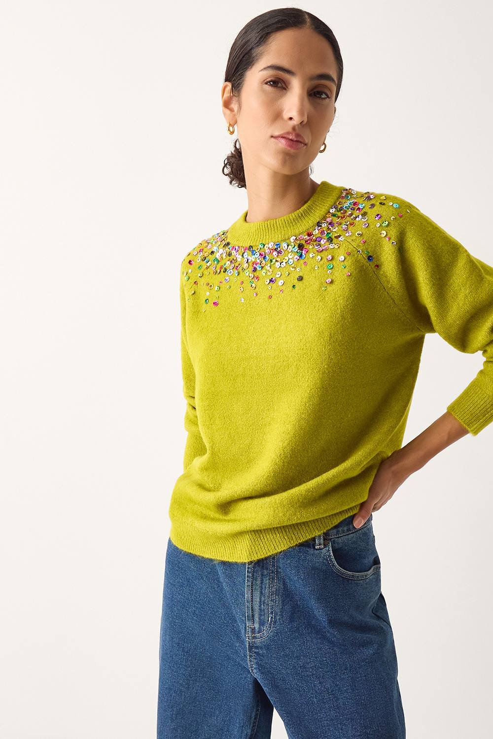 Monsoon Monsoon Women's Samara Sequin Collar Jumper Green - 1