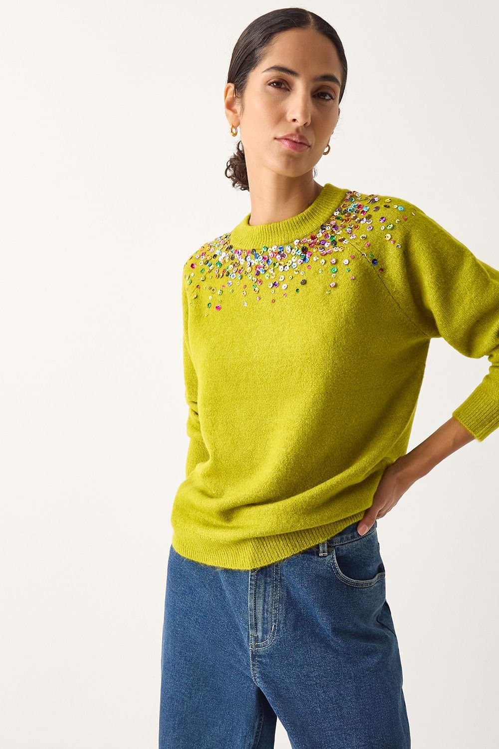 Monsoon Monsoon Women's Samara Sequin Collar Jumper Green