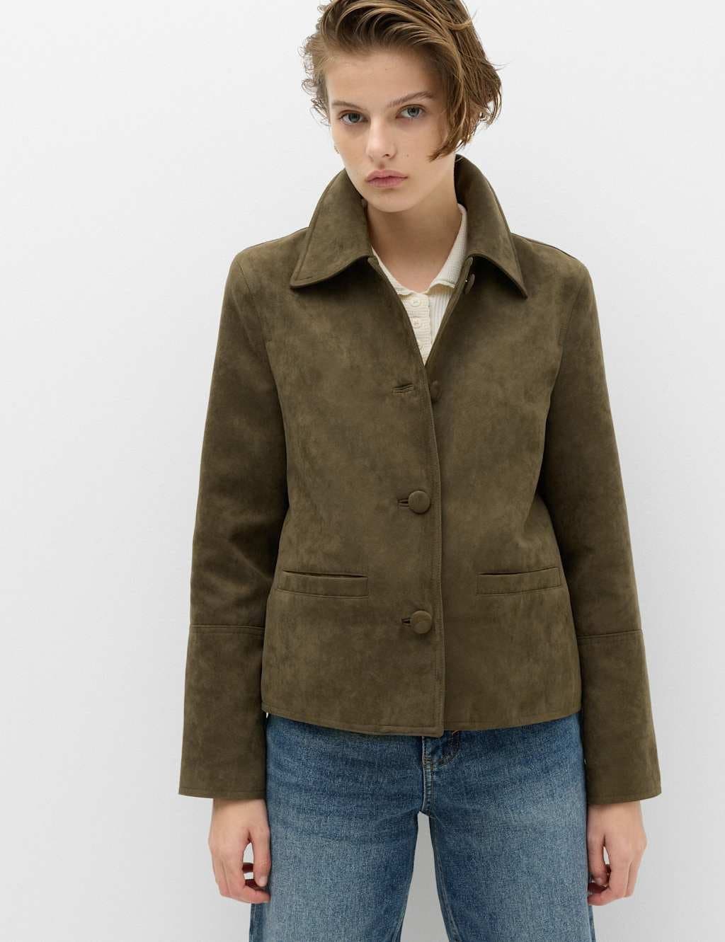 Marks & Spencer M&S Olive Suedette Button Through Short Jacket