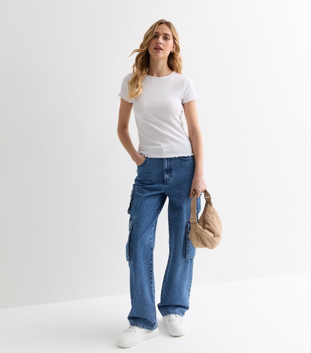 New Look Women's White Soft Stretch-Cotton Frill-Trim T-Shirt New Look - 3