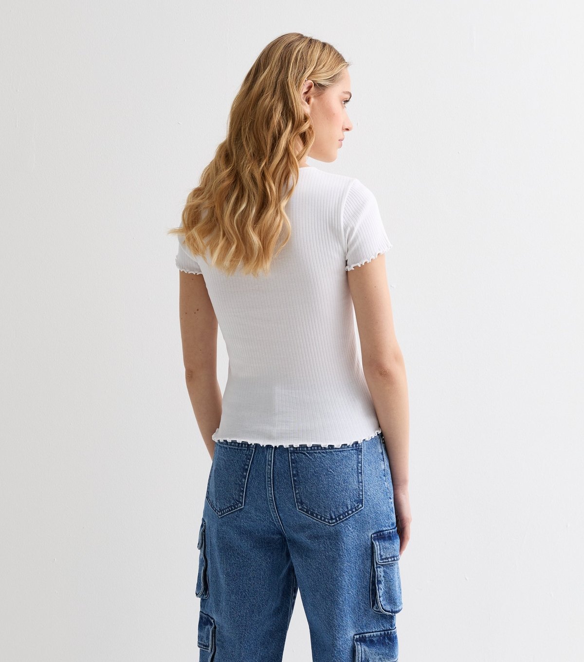 New Look Women's White Soft Stretch-Cotton Frill-Trim T-Shirt New Look - 4