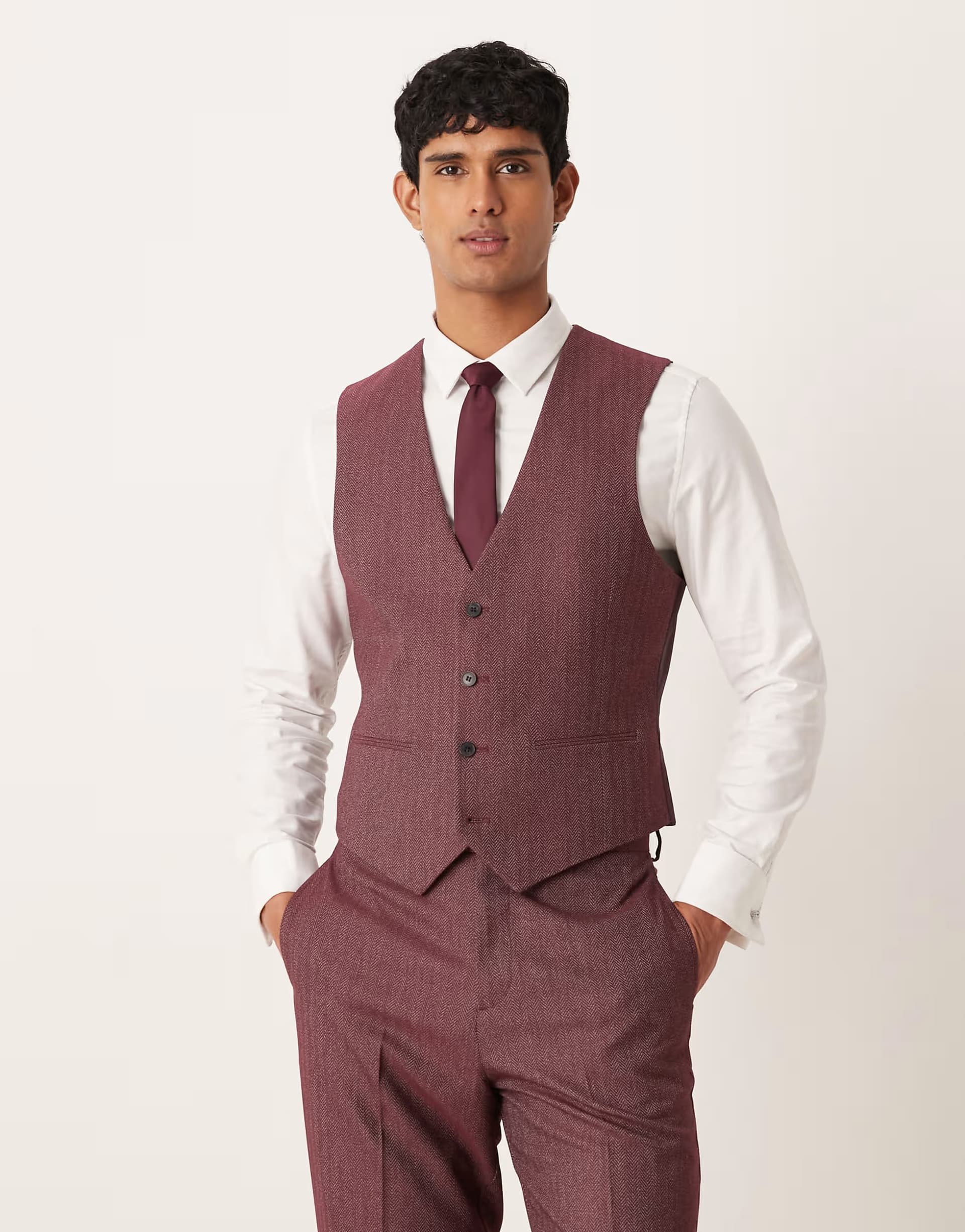 ASOS ASOS DESIGN slim suit waistcoat in burgundy herringbone