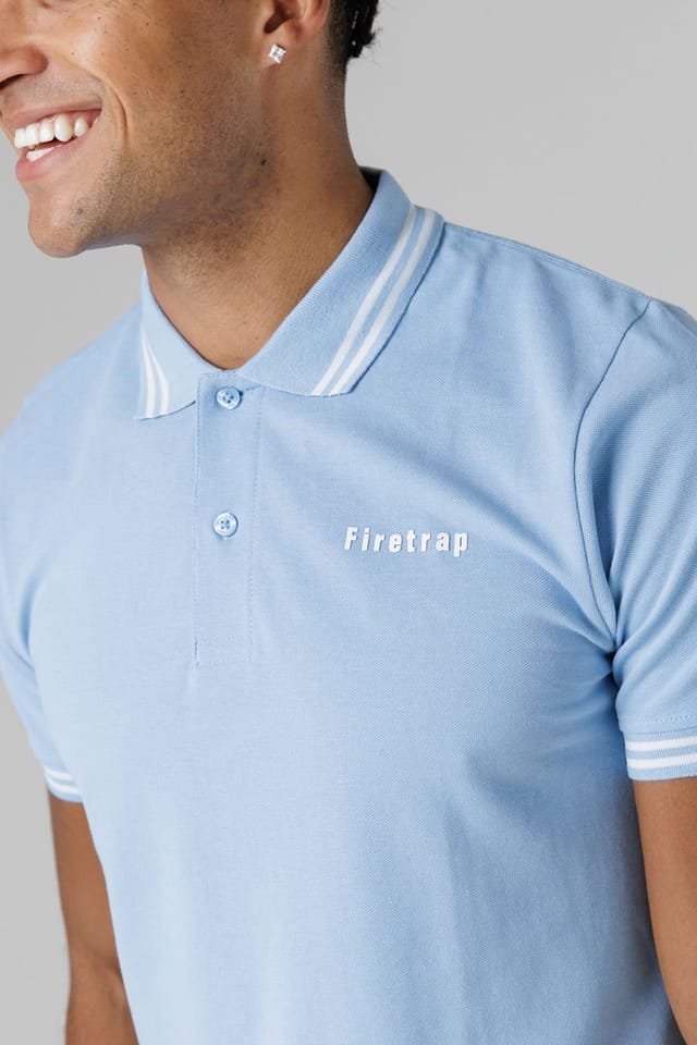 Firetrap Firetrap Men's Regular Fit Cotton Button Polo Shirt with Stripe Detail in Mid Blue - 3