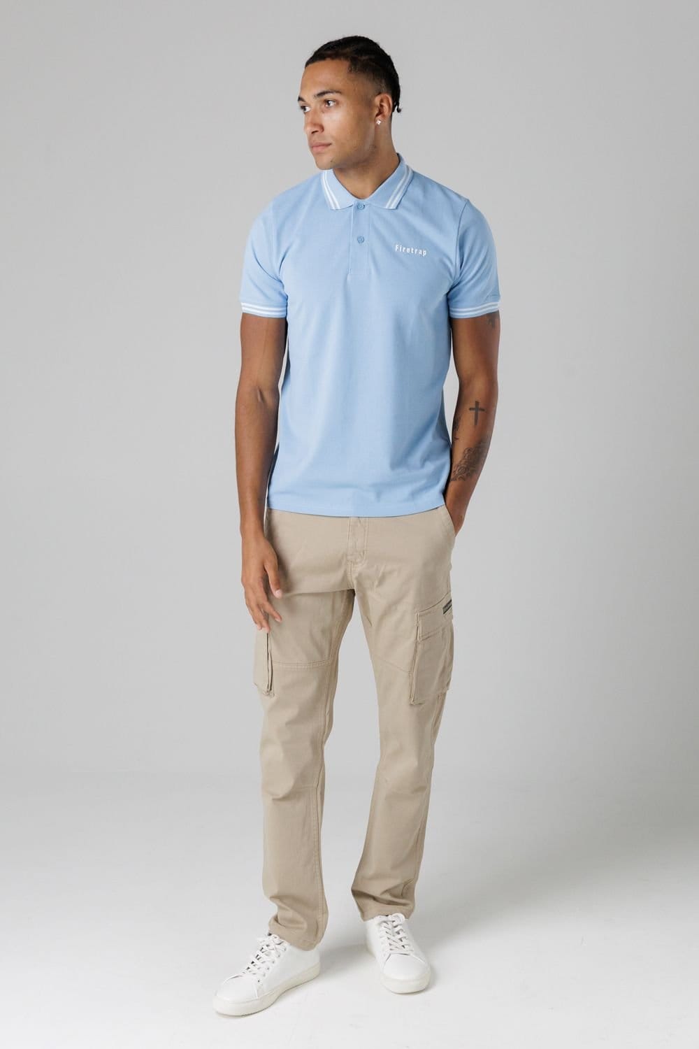 Firetrap Firetrap Men's Regular Fit Cotton Button Polo Shirt with Stripe Detail in Mid Blue - 4