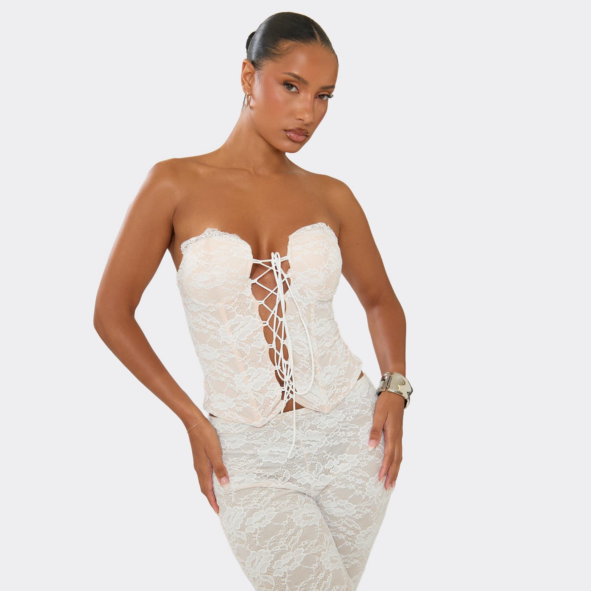 EGO Bandeau Lace Up Front Corset Top In White Lace, Women's Size UK 6