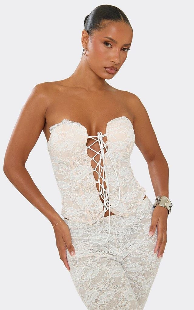 EGO Bandeau Lace Up Front Corset Top In White Lace, Women's Size UK 6 - 2