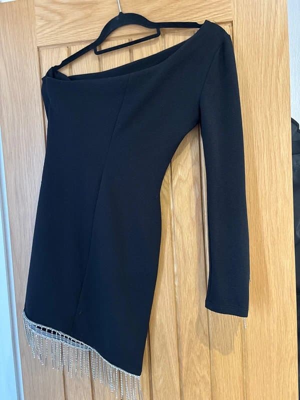 ASOS Black One Shoulder Fringe Dress Size 8 BNWT Made in Romania Party Dress