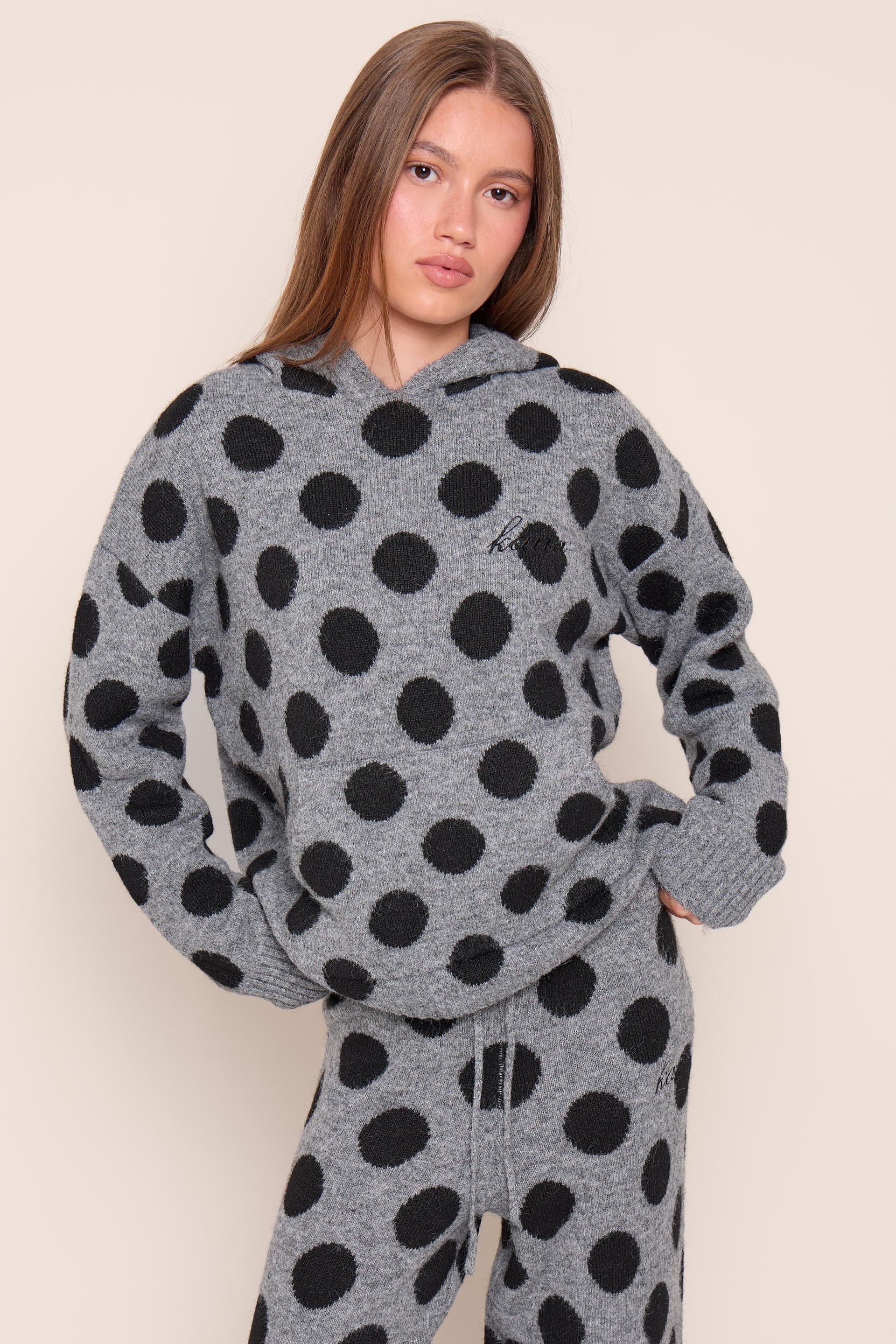Kaiia Kaiia Knit Polka Dot Oversized Hoodie Grey & Black