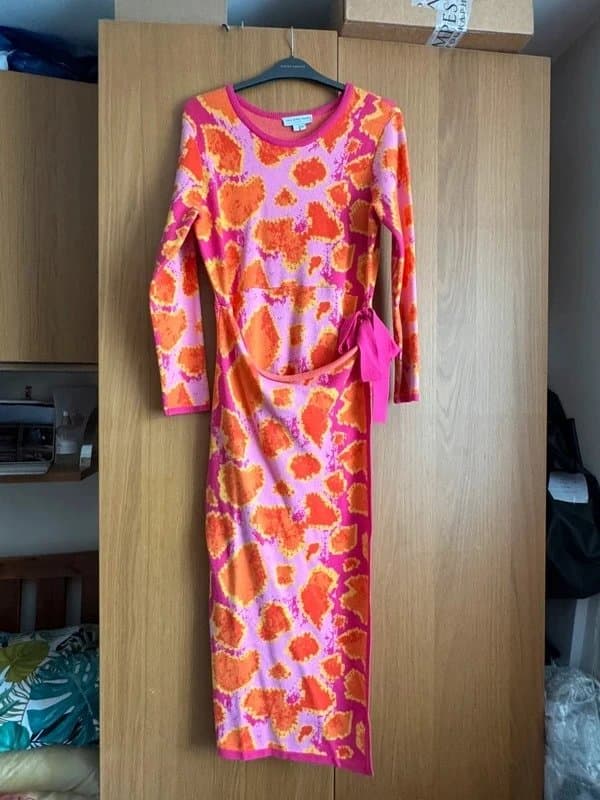 Never Fully Dressed Never Fully Dressed Pink and Orange Leopard Knit Wrap Midi Dress size L