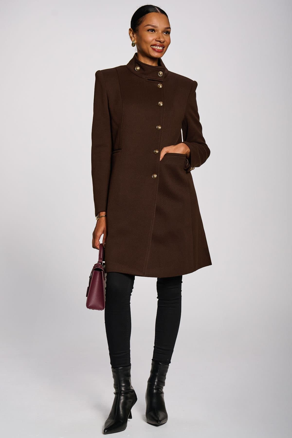 Jolie Moi Jolie Moi Women's Asymmetrical Button Detail Jacket in Dark Brown