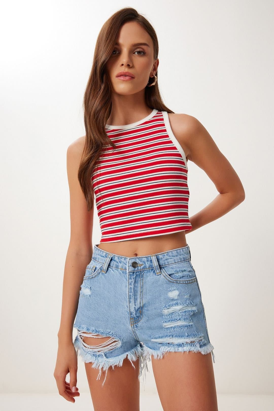Happiness Istanbul Happiness Istanbul Women's High Waist Destroyed Denim Shorts in Pale Blue