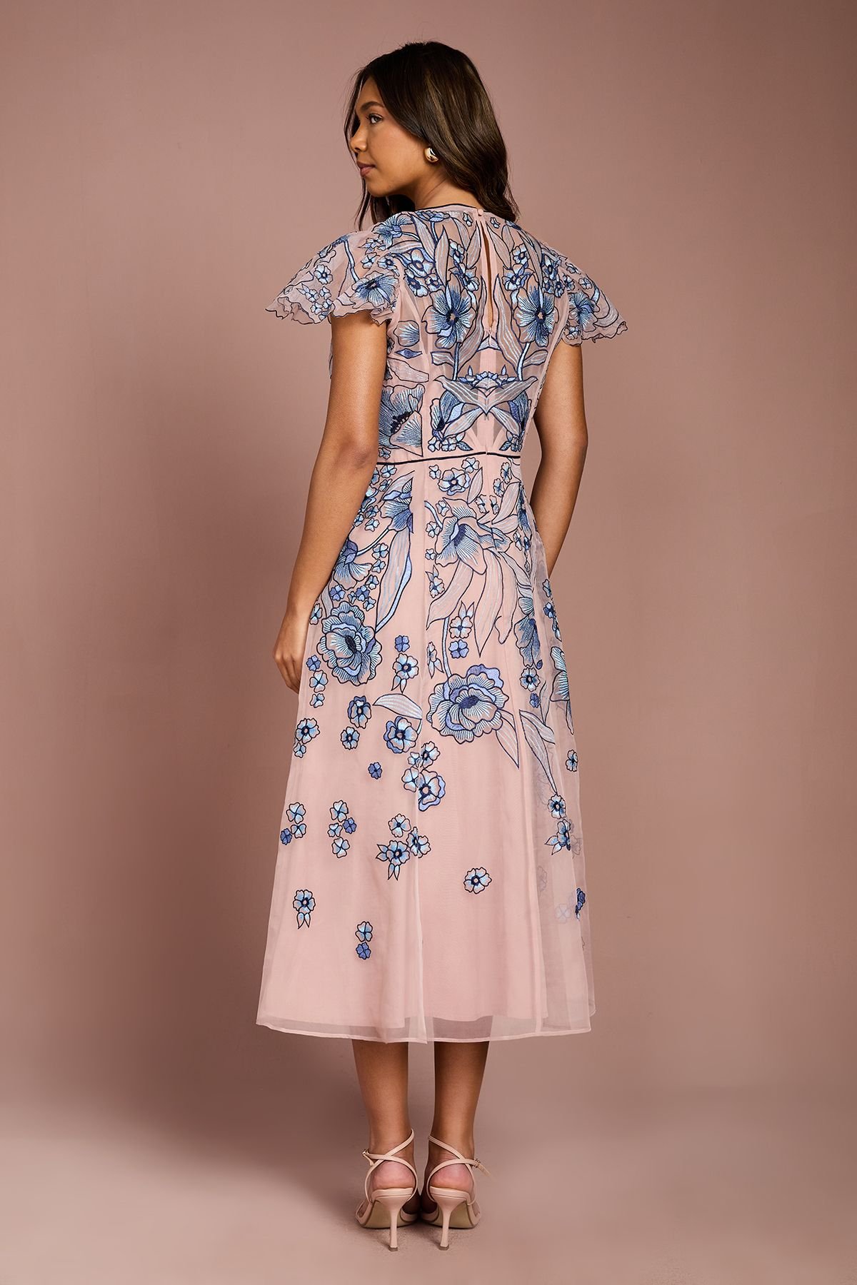 Coast Coast Women's Floral Embroidered Cutwork Sleeve Midi Dress in Peach - 3