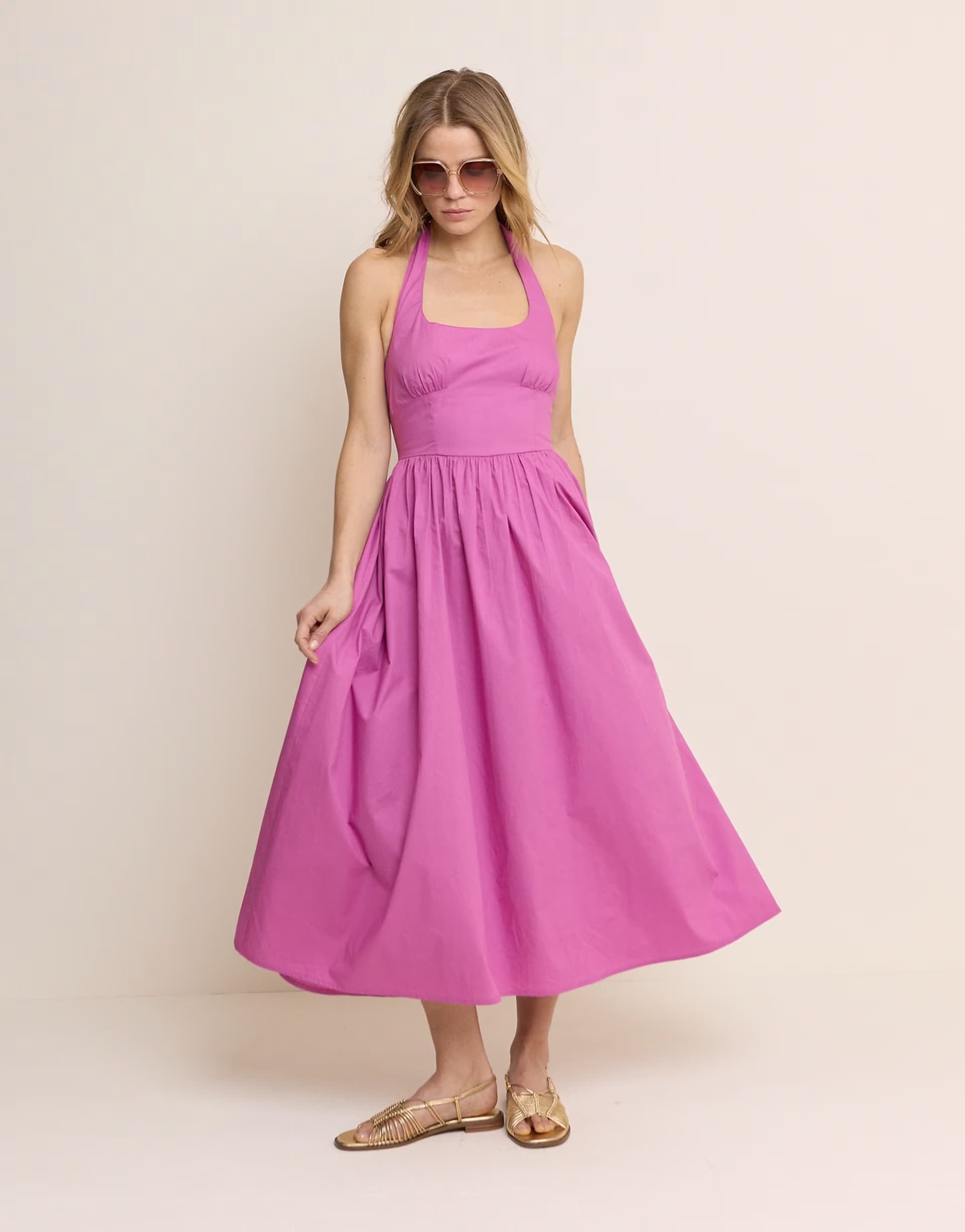 ASOS Nobody's Child Hallie cotton rich halter neck ruched skirt midi dress in purple - PURPLE