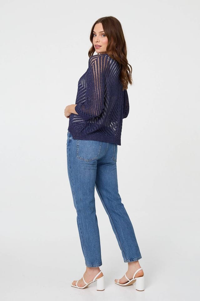 Izabel London Izabel London Women's Chevron Texture Mesh 1/2 Sleeve Cardigan in Navy - 3