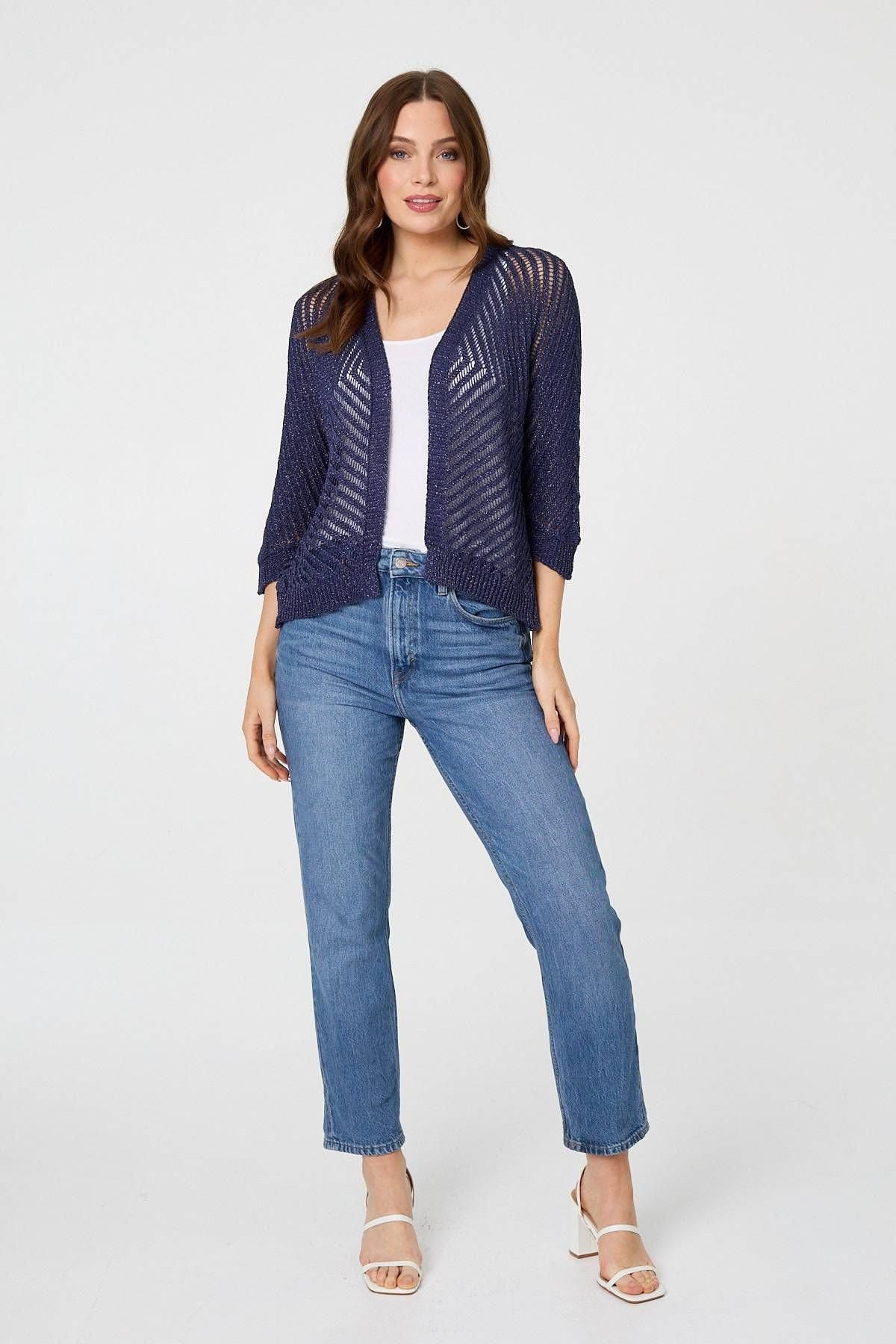 Izabel London Izabel London Women's Chevron Texture Mesh 1/2 Sleeve Cardigan in Navy - 4