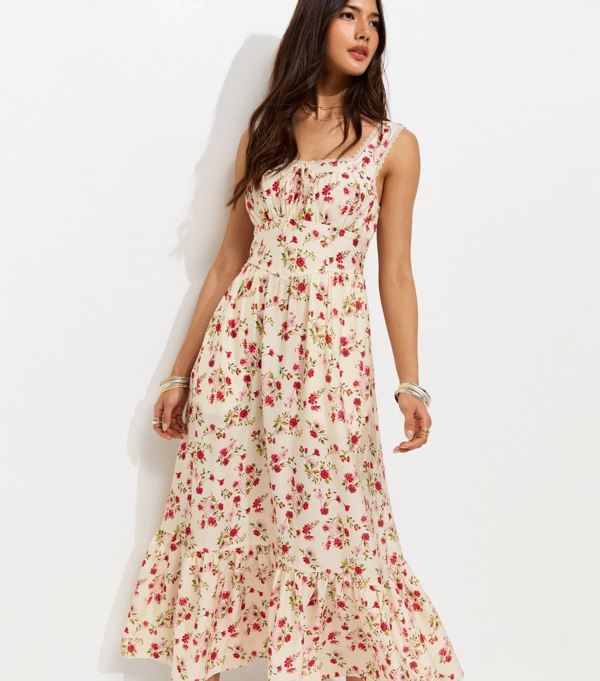 New Look Women's Cream Ditsy Floral Ruched Midi Dress New Look