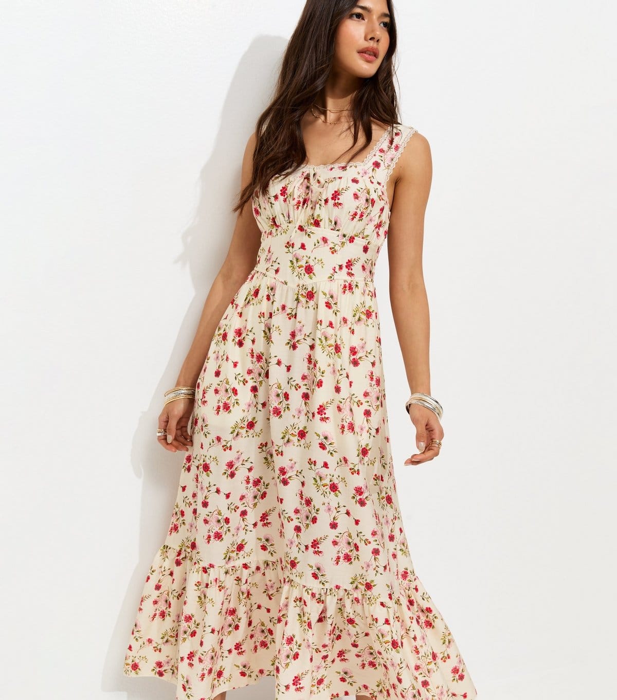 Women's Cream Ditsy Floral Ruched Midi Dress New Look
