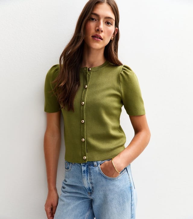 New Look Women's Green Short Sleeve Crew Neck Cardigan New Look - 2