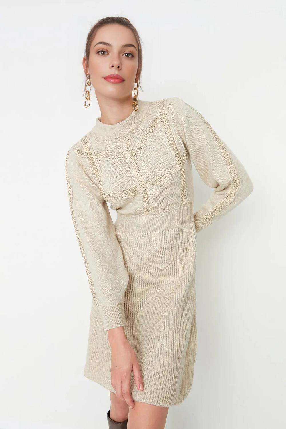 WOVCOR WOVCOR Women's Mini Lace Knit Dress With High Neck Detail in Beige - 3