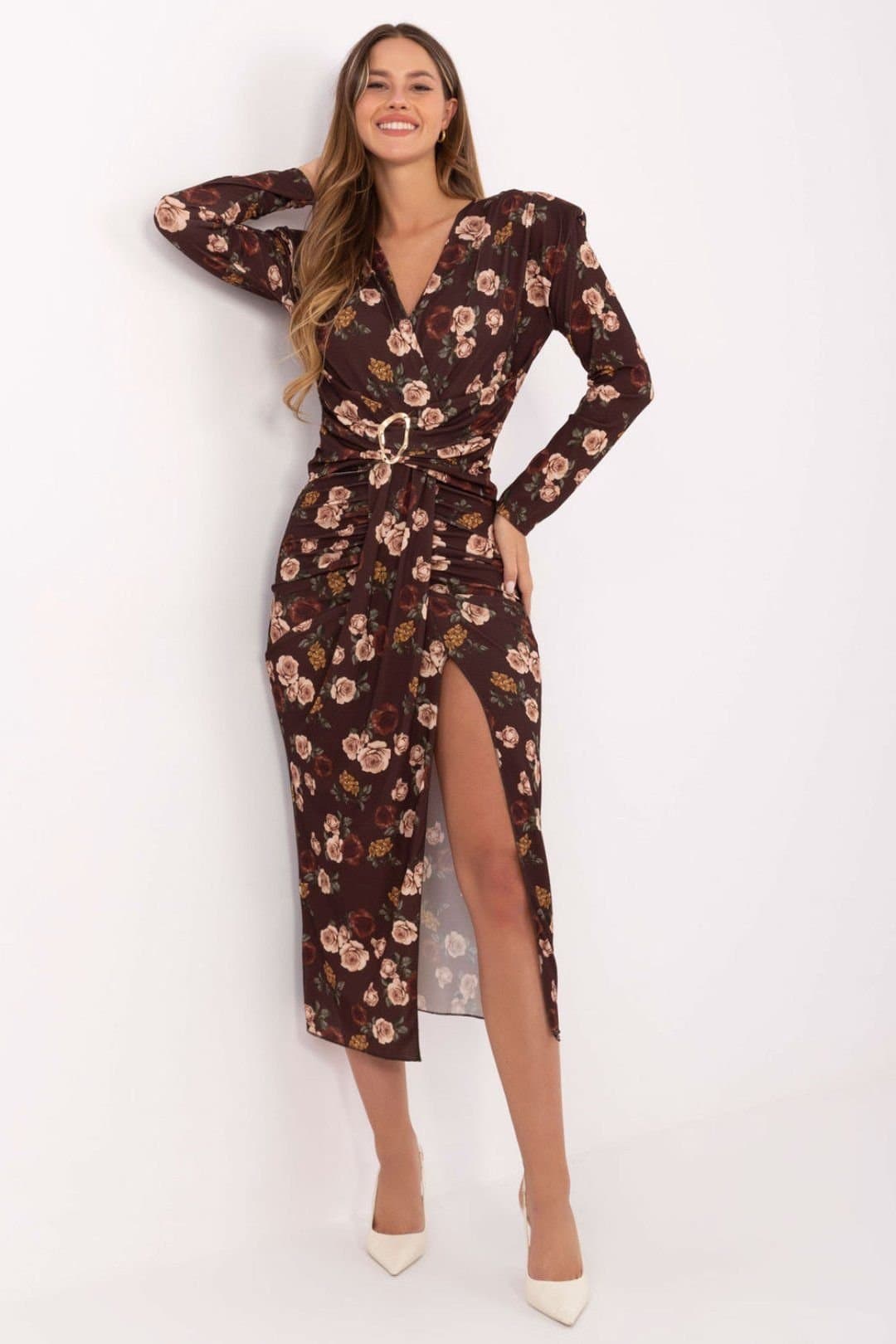 Love Lace Love Lace Women's Floral Wrap Pencil Midi Dress in Brown