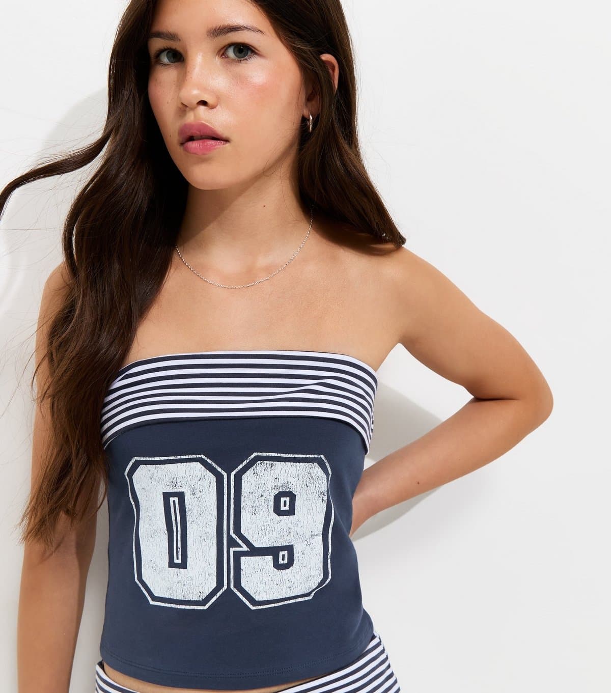 New Look Girls' Navy 09 Print Folded Trim Bandeau Top New Look